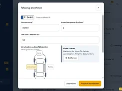 AutoLibs Werkstattportal desktop interface showing a German vehicle-intake dialog with mileage, key count, fuel or charge level, and a car-damage diagram.