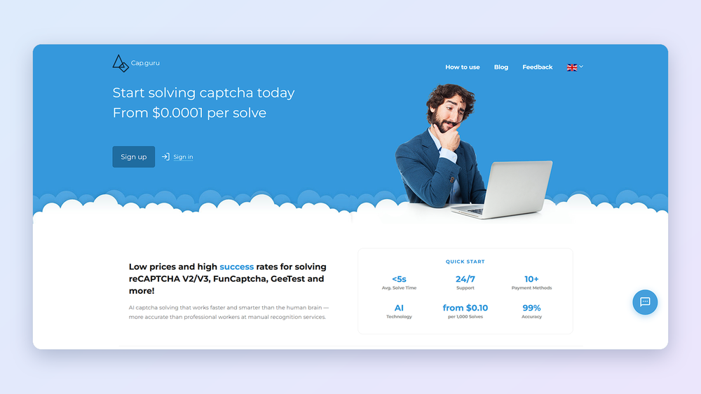 Cap.guru landing page with pricing information and supported CAPTCHA types.