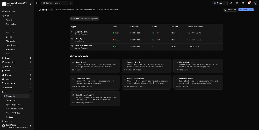 AutomateNexus CRM AI agents page listing support, sales, and executive assistant agents and templates for additional agents.