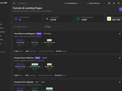 AutomateNexus CRM Funnels & Landing Pages screen listing funnels with landing-page, form, and offer steps plus visitor, conversion, and revenue metrics.