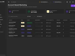 AutomateNexus CRM Account-Based Marketing page listing target accounts with tiers, engagement, buying-committee status, pipeline amounts, and campaign counts.