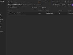AutomateNexus CRM Workflows & Automations page with filters and a draft lead-nurturing email sequence.