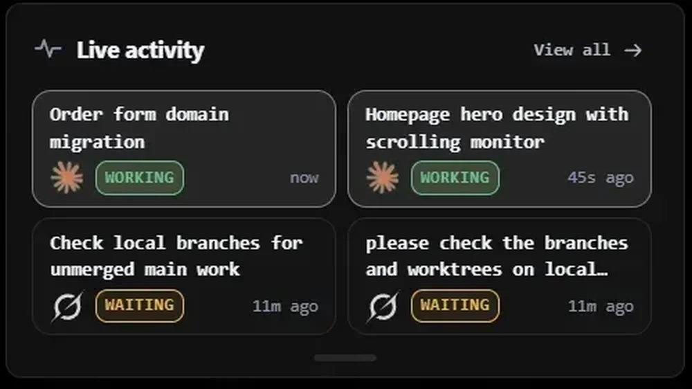 A “Live activity” widget lists four agent tasks with working and waiting status badges.