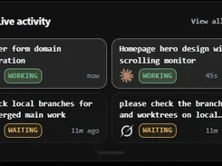 A “Live activity” widget lists four agent tasks with working and waiting status badges.