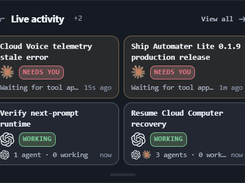 A “Live activity” widget shows cloud voice telemetry, a production release, runtime verification, and cloud-computer recovery tasks.