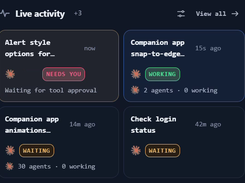 A “Live activity” widget shows four task cards with needs-you, working, and waiting statuses plus agent counts.