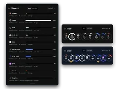 A usage dashboard displays weekly usage for several AI providers with horizontal bars and circular usage gauges.