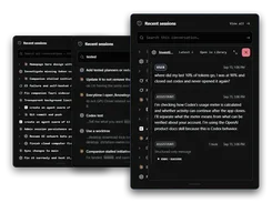 Three overlapping dark panels show recent sessions and an expanded conversation about token usage and activity.
