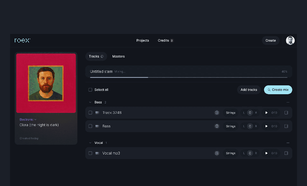 Dark RoEx interface showing an electronic music project, track groups for Bass and Vocal, playback controls, and a Create mix button.