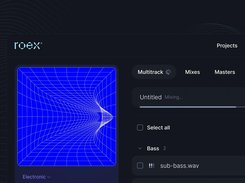 Dark RoEx web interface showing a multitrack mixing project with navigation for Projects, Credits, Multitrack, Mixes, and Masters, plus a Bass track list.
