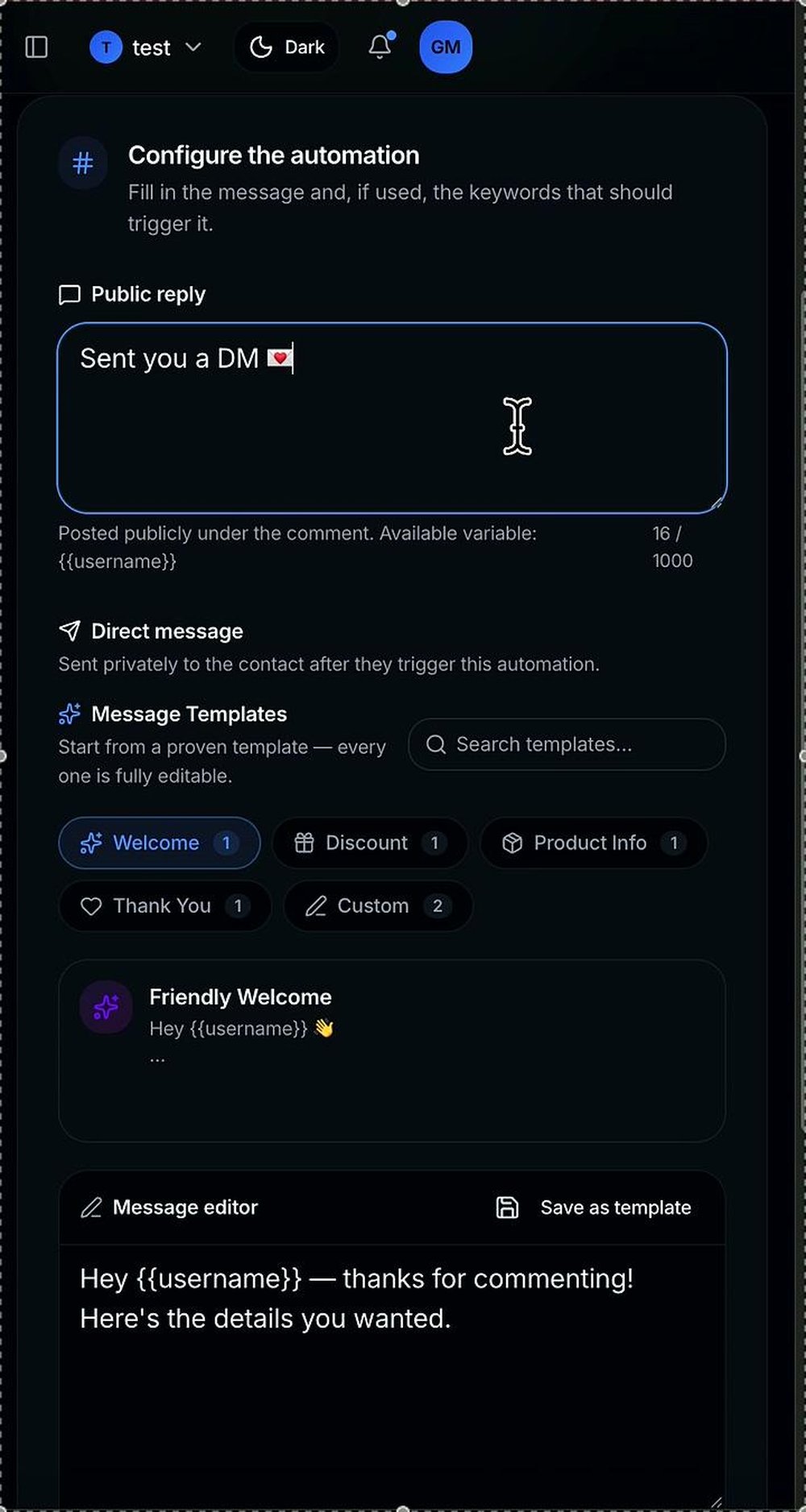 Dark-mode AutoPilotDM interface for configuring an automation, with public reply and direct-message settings, message-template categories, and a message editor.