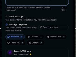 Dark-mode AutoPilotDM interface for configuring an automation, with public reply and direct-message settings, message-template categories, and a message editor.