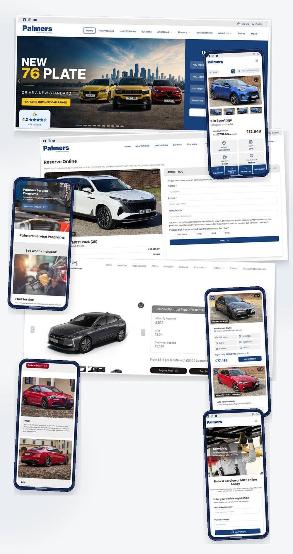 Collage of Palmers Motor Company desktop and mobile pages for vehicle search, online reservation, finance details, service programs, and service booking.