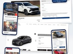 Collage of Palmers Motor Company desktop and mobile pages for vehicle search, online reservation, finance details, service programs, and service booking.