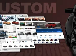Promotional graphic labeled CUSTOM with overlapping dealership website pages, vehicle listings, search controls, and brand selection elements beside a black car.