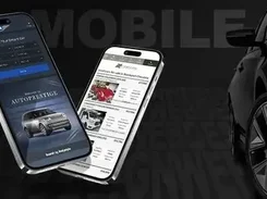 Promotional graphic labeled MOBILE showing two smartphones with dealership vehicle and enquiry web pages beside a black car.