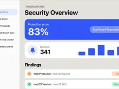 AVO Security desktop dashboard showing a Security Overview, an 83% protection score, blocked-item count chart, findings, and navigation for Smart Scan, Web Shield, Wi-Fi Security, Email Breach Scan, Dark-web Monitor, and Parental Controls.