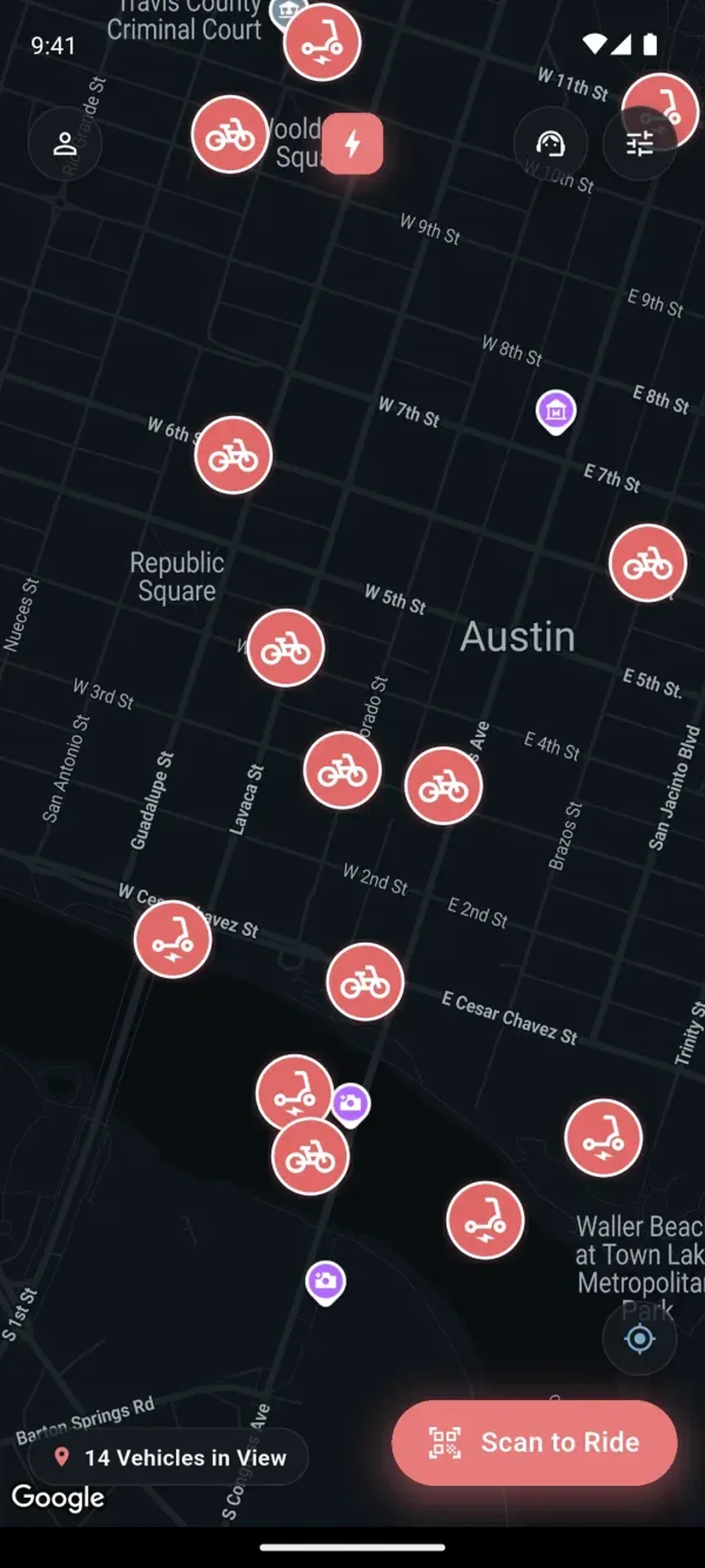 Mobile rider-app map of central Austin with available bicycle and scooter markers and a “Scan to Ride” button.