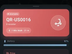 Mobile rider-app screen showing an available e-scooter, battery level, unlock fee, per-minute price, and buttons for directions, reservation, and starting a ride.