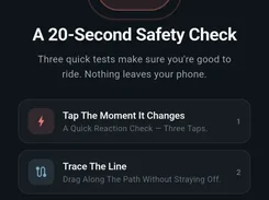 Mobile Safety Check screen listing three pre-ride checks: tap when it changes, trace the line, and hold steady.