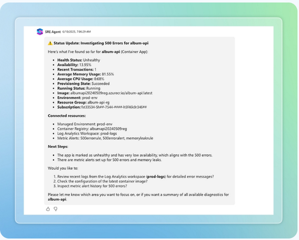 Azure SRE Agent Screenshot 1
