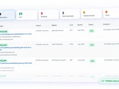 Backlink monitoring dashboard showing totals for all, live, missing, unreachable, indeterminate, and error backlinks above a table of backlink records.