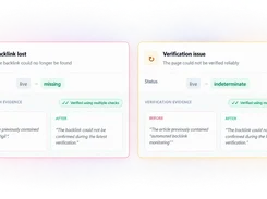 Two BacklinkVigil alert panels for a lost backlink and a verification issue, each showing a status change and before-and-after verification evidence.