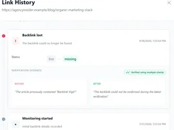 Link History panel showing a timeline entry for a lost backlink, its change from live to missing, verification evidence, and a monitoring-started event.