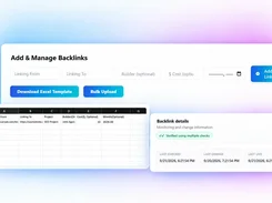 BacklinkVigil interface for adding and bulk-uploading backlinks, with form fields, an Excel template preview, and a backlink-details panel.