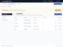 BackupMGR Locations page listing US East, US West, EU Central, and APAC locations with addresses, regions, and director counts.