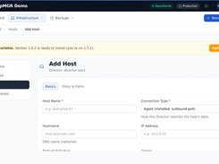 BackupMGR Add Host form with fields for host name, connection type, hostname, and IP address.
