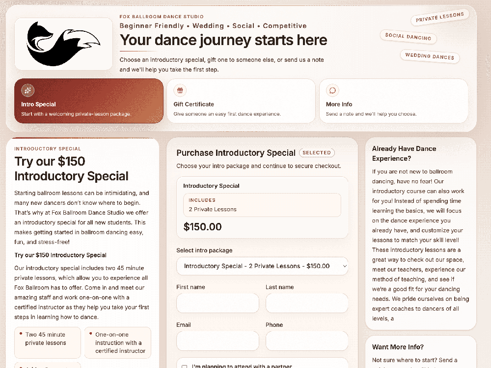 Public dance-studio booking page for purchasing an introductory private-lesson package.