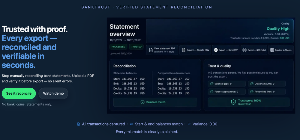Statement overview with reconciled export options
