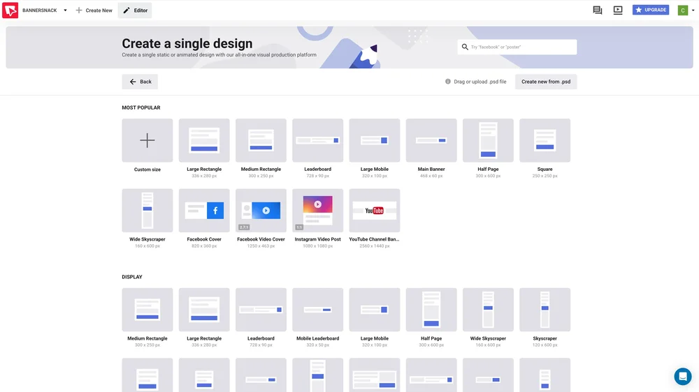 This is the starting point of the create flow, where users may select a preset size or create a custom one.