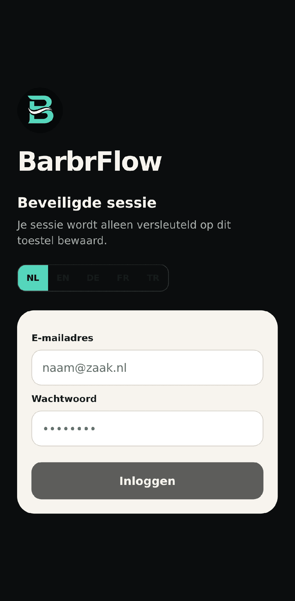 BarbrFlow login screen in Dutch with a language selector, email and password fields, and an Inloggen button.