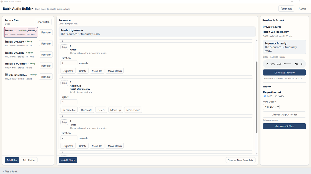 Batch Audio Builder desktop interface showing source audio files, a sequence editor with pause and audio-clip blocks, preview controls, and export settings.