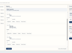 Batch Audio Builder desktop interface showing source audio files, a sequence editor with pause and audio-clip blocks, preview controls, and export settings.