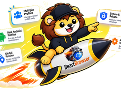 Cartoon lion mascot riding a BeastBrowser-branded rocket, surrounded by labeled cards for multiple profiles, real Android profiles, global proxies, secure and private, and automation ready.