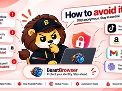 Promotional diagram showing the BeastBrowser mascot at a laptop, surrounded by illustrated account restriction notices for Facebook, Google Ads, LinkedIn, Discord, TikTok, Amazon, Gmail, and a fingerprint, with feature labels along the bottom.