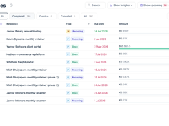 Invoices with payment tracking, taxes, and PDF export
