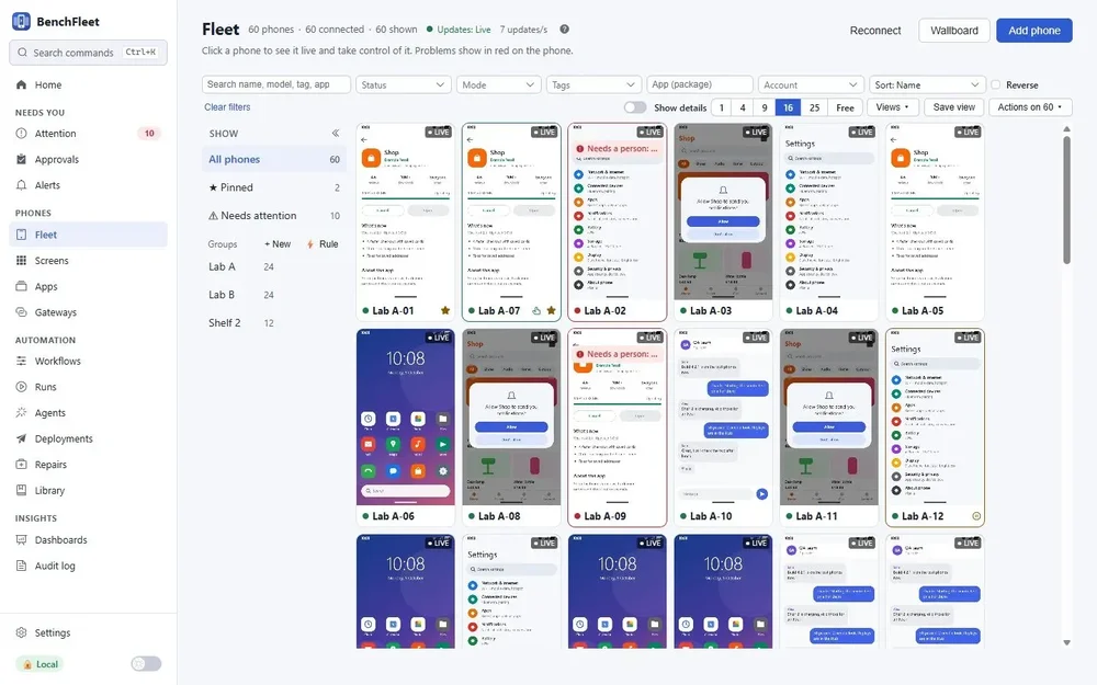 BenchFleet Fleet page showing a grid of live Android device screens, filtering controls, device groups, and navigation for phones and automation.