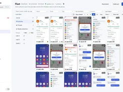 BenchFleet Fleet page showing a grid of live Android device screens, filtering controls, device groups, and navigation for phones and automation.