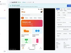 BenchFleet remote-control page for device Lab B-02, with a live Android shop app screen and controls for navigation, text entry, clipboard, screenshots, recording, and device details.