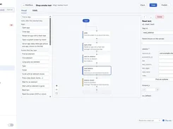 BenchFleet visual workflow editor for a Shop smoke test, showing connected automation steps for waking a device, opening an app, waiting for a balance element, reading text, and asserting a condition.