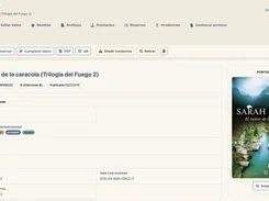 Bibliocloud web interface showing the record for the book “El rumor de la caracola (Trilogía del Fuego 2),” with bibliographic data, ISBN fields, availability, lending and reservation controls, and a book-cover preview.