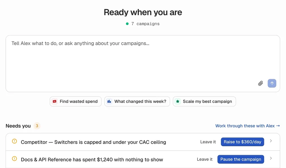 Bidhelm campaign assistant dashboard with a prompt field, suggested questions, campaign count, and optimization actions needing review.