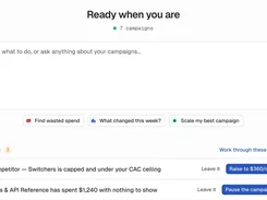 Bidhelm campaign assistant dashboard with a prompt field, suggested questions, campaign count, and optimization actions needing review.