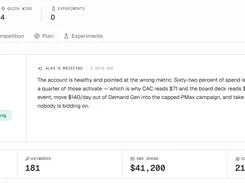 Bidhelm account overview showing a report score of 71, an assistant briefing, campaign count, keyword count, 30-day spend, and conversions.