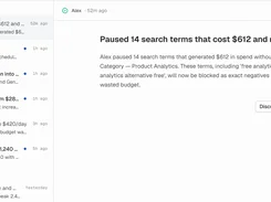 Bidhelm activity feed with an assistant message explaining that 14 non-converting search terms were paused and buttons to discuss or view campaigns.