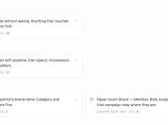 Bidhelm interface showing saved communication style, reporting style, and constraints and rules learned from chats.